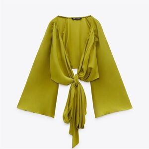 NWT Zara Lime Green Satin Silk Wrap Blouse XS